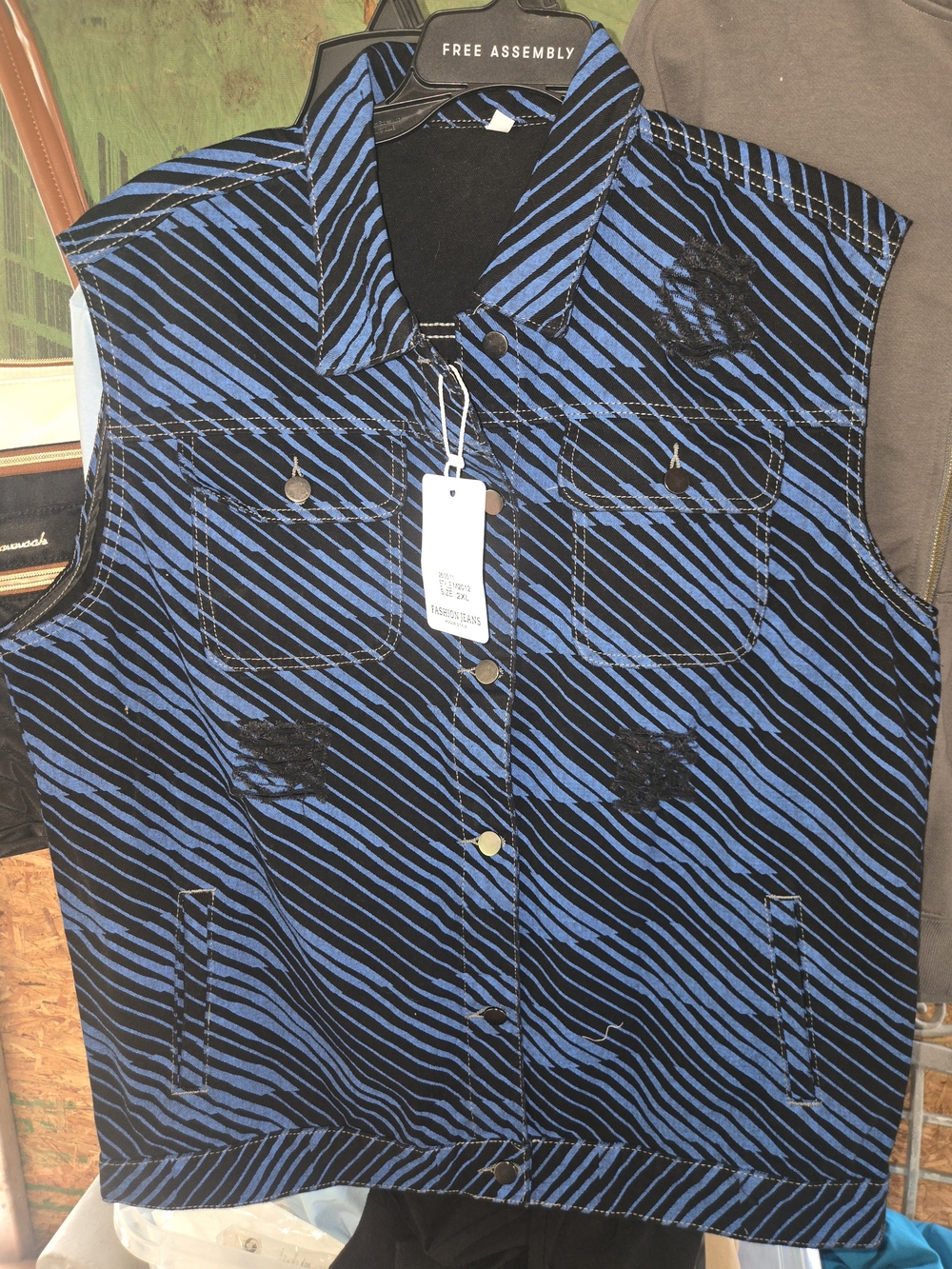 FREE ASSEMBLY Blue & Black Striped Sleeveless Denim Jacket